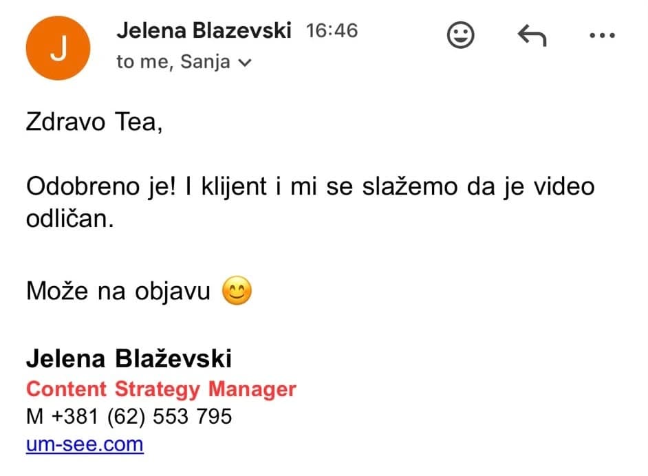 Mejl klijenta: odobrena kreativa